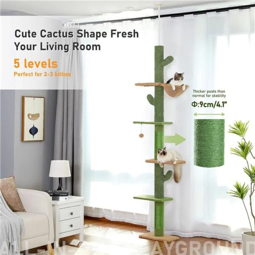 PAWZ Road Cat Tree, Cactus Floor to Ceiling Cat Tower with Adjustable Height